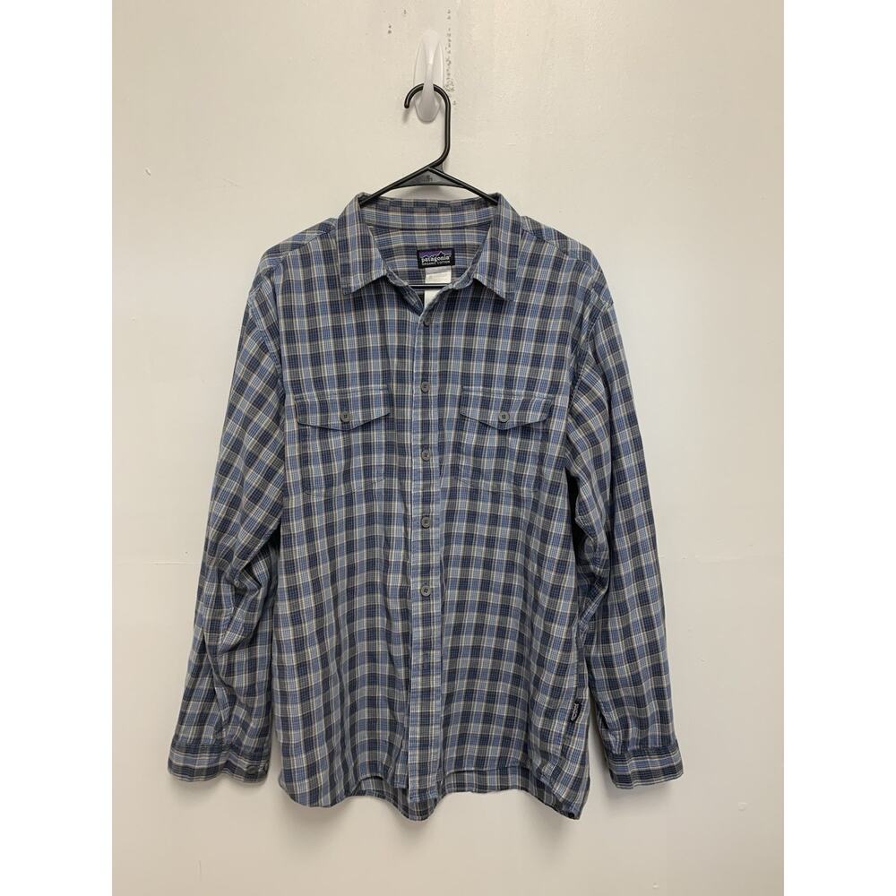 Patagonia Flannel Shirt Mens L Blue Gray Plaid Long Sleeve Pima Organic Cotton
